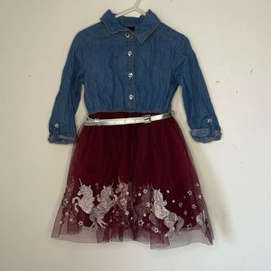 Girls Denim and Red Sheer Dress with Unicorns